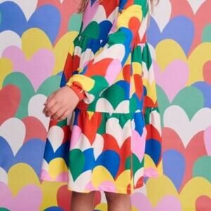 Mini Boden Girls' Tiered Sweatshirt Dress with a multi-collage heart sz 4 to 5y